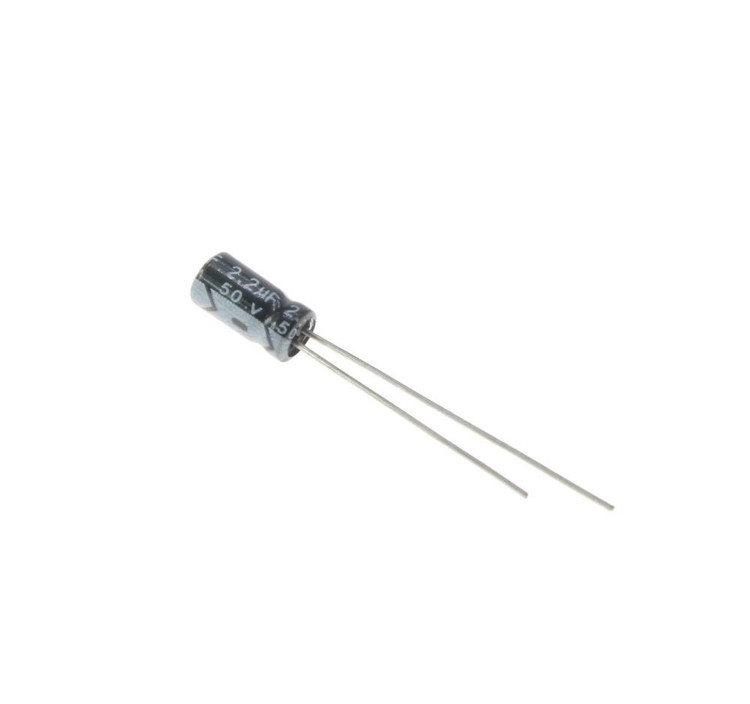 خازن الکترولیتی 2.2uF 50V مشکی - نمای جلو و پشت با علامت قطبیت