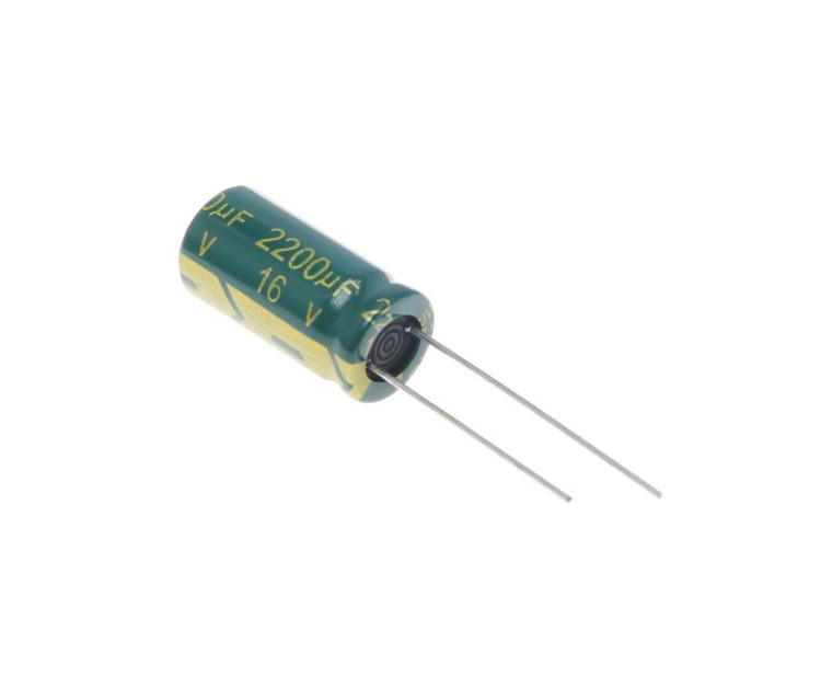 خازن الکترولیتی 2200uF 16V سبز JWCO - ابعاد 10x20mm 105C برای فیلترینگ مدار