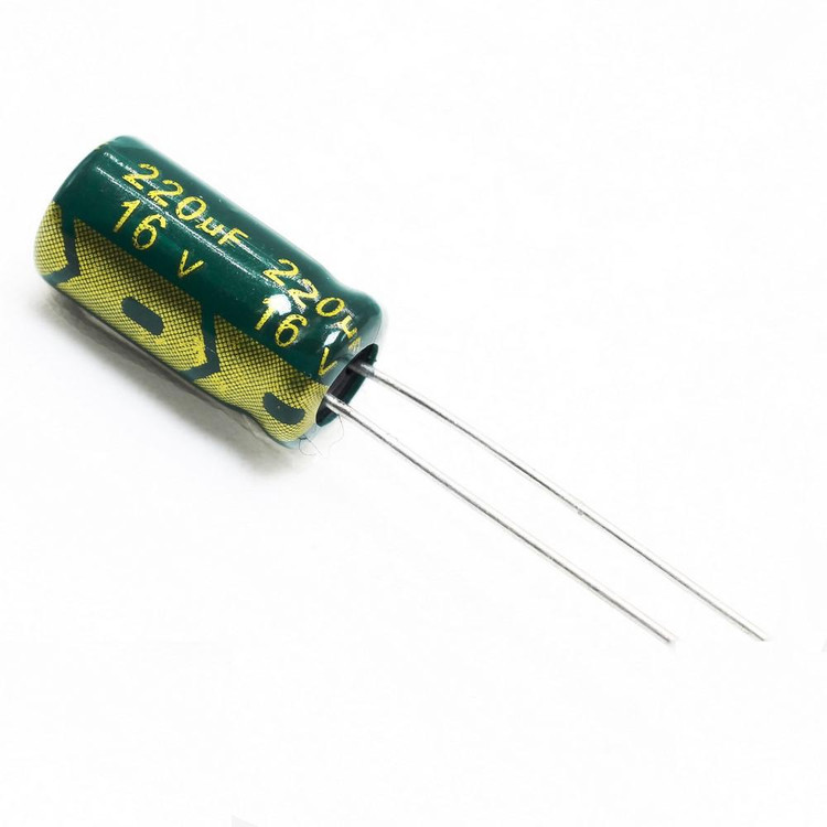 خازن الکترولیتی سبز 220uF 16V JWCO - ابعاد ۶.۳x۱۲mm، دما ۱۰۵ درجه