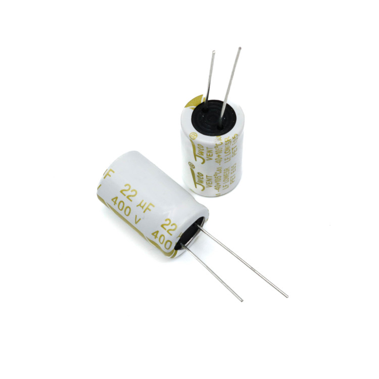 خازن الکترولیتی 22uF 400V سفید طلایی JWCO با مشخصات فنی روی بدنه