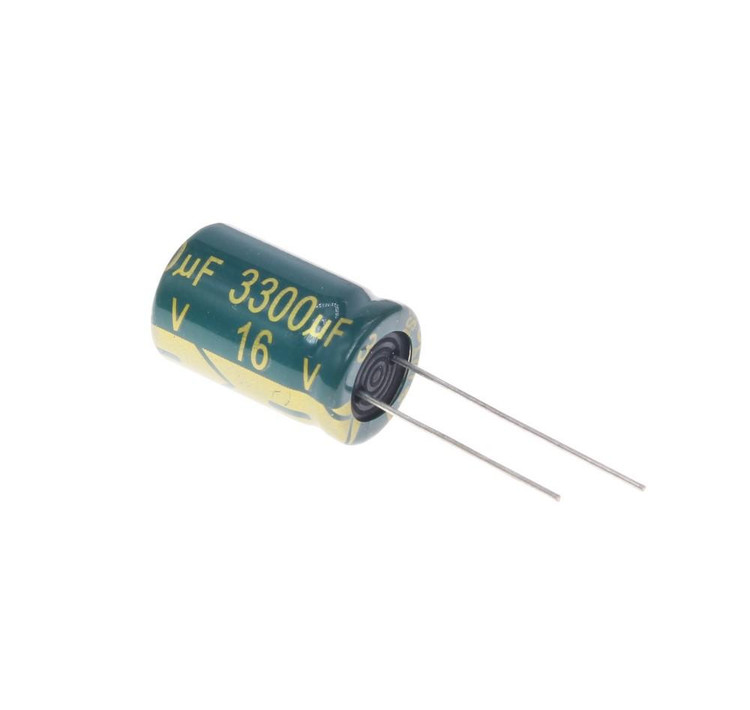 خازن الکترولیتی 3300uF 16V سبز JWCO - نمای کلی radial با پایههای بلند