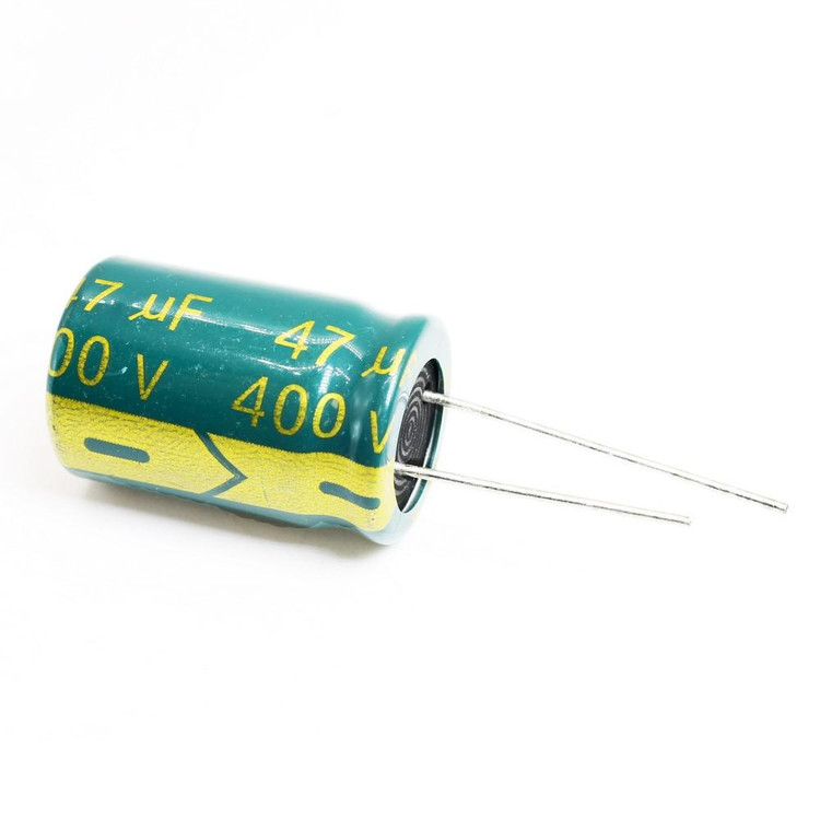 جزئیات پایههای خازن الکترولیتی 47uF 400V سبز (پایه مثبت طولانی، تلرانس ±20%)