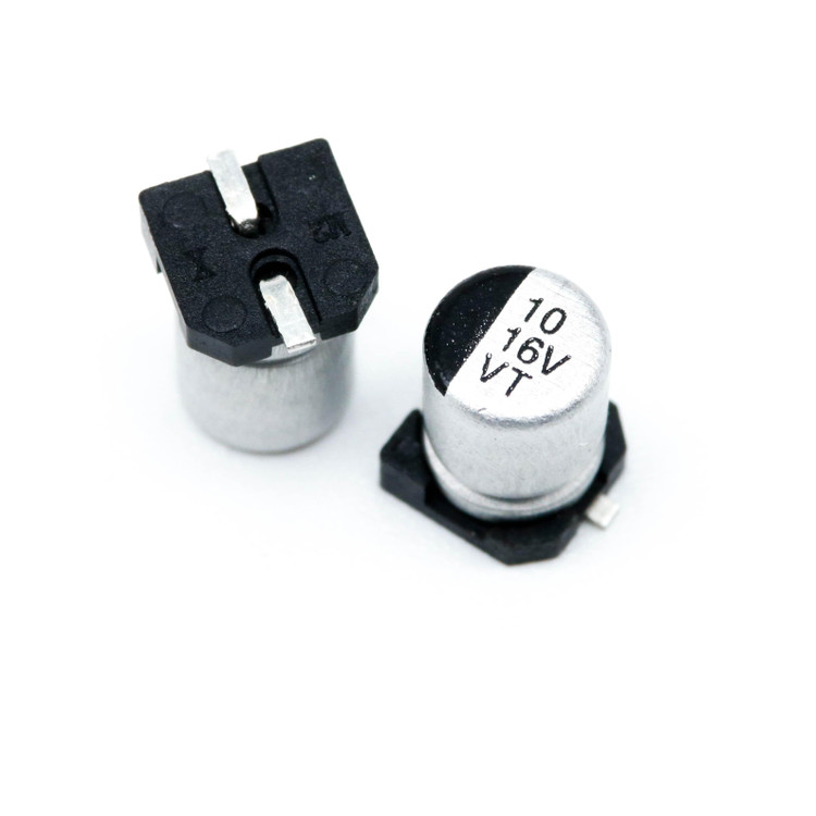 خازن الکترولیتی SMD 10uF 16V سایز 4x5.4mm - نمای جلو و مشخصات فنی