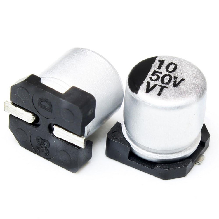خازن الکترولیتی SMD 10uF 50V سایز 5x5.4mm از نمای جلو – موجود در فروشگاه ۳۶۶