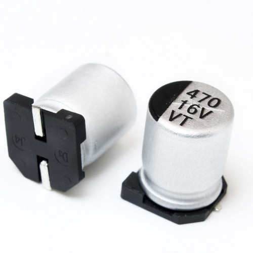 خازن الکترولیتی SMD 470uF 16V سایز 8x10.5mm - نمای اصلی محصول با مشخصات ظرفیت 470 میکروفاراد و ولتاژ 16 ولت