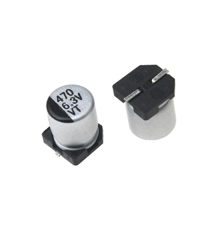 خازن الکترولیتی SMD 470uF 6.3V سایز 6.3x7.7mm اصل - نمای جلو و بالا