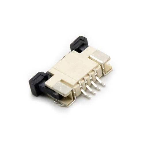 تصویر کانکتور FPC 4 پین 1 میلیمتر Amphenol FCI با طراحی TOP SLIDING و نصب سطحی SMT، نمای نزدیک از پینهای طلایی و مکانیزم کشویی برای اتصال آسان FFC.