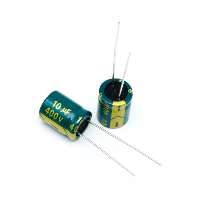خازن الکترولیتی 10uF 400V اصل، قطر 10mm ارتفاع 17mm، قطب مثبت و منفی مشخص
