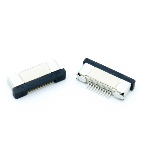 کانکتور FPC 10 پین 0.5mm Down Sliding Amphenol اصل، نمای نزدیک از مکانیزم کشویی پایین و تماسهای SMT برای اتصال کابل فلت FFC/FPC در پروژههای الکترونیکی