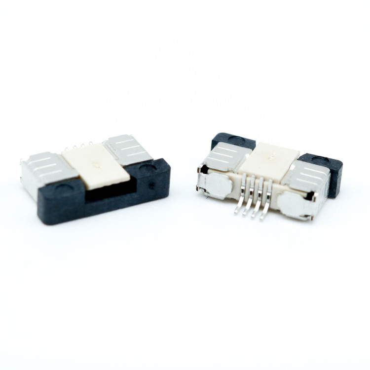 نمای نزدیک کانکتور FPC 4 پین 0.5mm Top Sliding آمفنول با مکانیزم کشویی بالایی، پینهای دقیق ۴گانه و ساختار راستگوشه SMT برای اتصال آسان کابل فلت به PCB