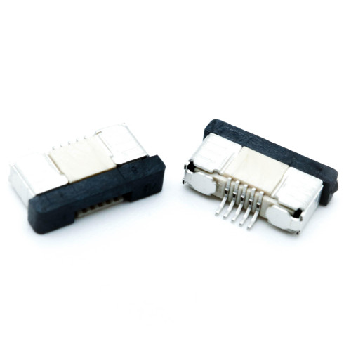 کانکتور FPC 5 پین 0.5mm Down Sliding آمفنول - نمای نزدیک مکانیزم کشویی پایین، پینهای طلایی SMT و اتصال ZIF برای کابل فلت FFC/FPC