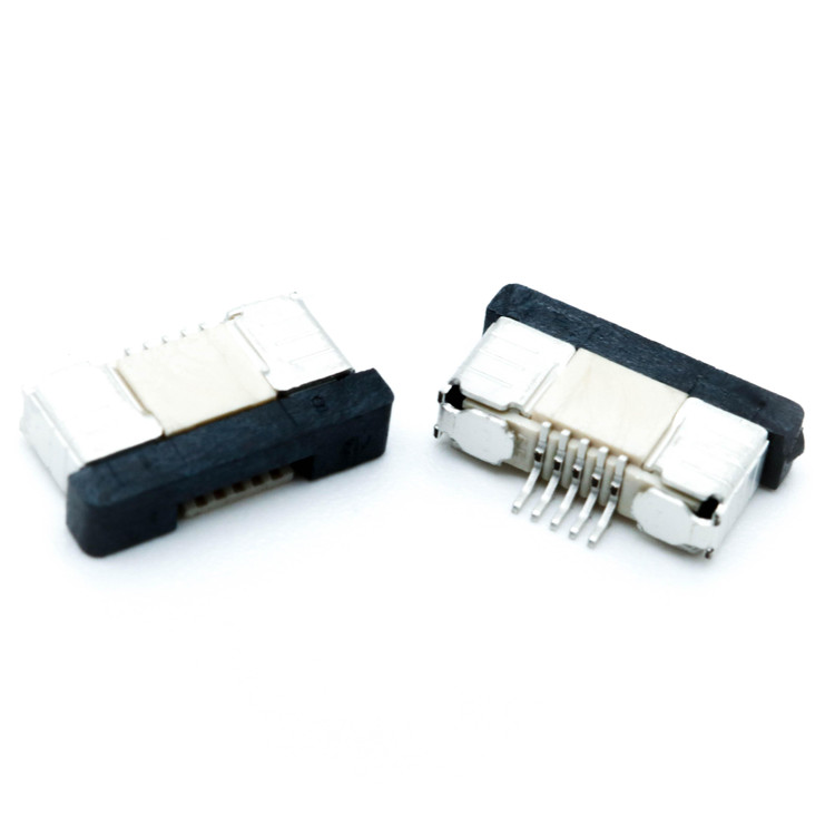 کانکتور FPC 5 پین 0.5mm Down Sliding آمفنول - نمای نزدیک مکانیزم کشویی پایین، پینهای طلایی SMT و اتصال ZIF برای کابل فلت FFC/FPC